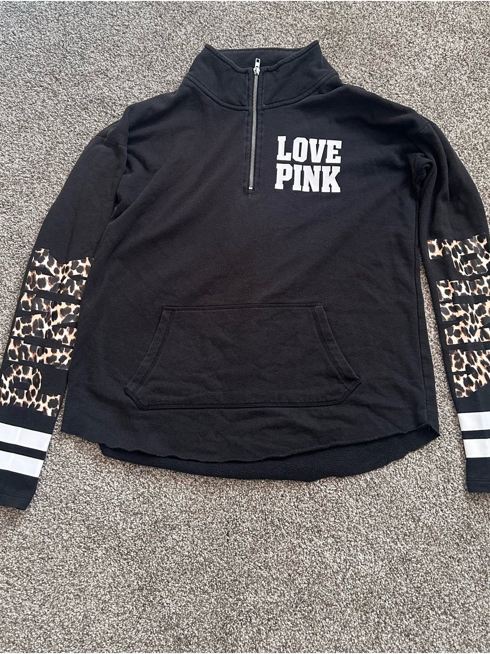 PINK Victoria's Secret Black Half-Zip Pullover with Leopard Sleeve Accents